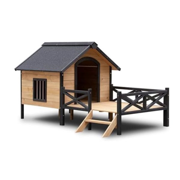Large Wooden Outdoor Dog House with Porch, Weatherproof Cabin Style Elevated Pet Shelter