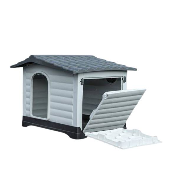 Plastic Dog House with Cushion, Elevated Base, Indoor Outdoor Use