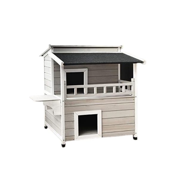 2-Story Wooden Outdoor Cat House with Balcony, Escape Door