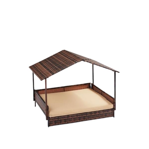 Wicker Dog House with Canopy and Cushion for Outdoor Use